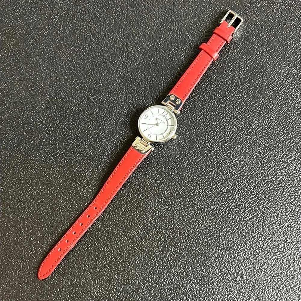 Anne Klein Red Leather Strap Watch Silver Tone Working Dainty